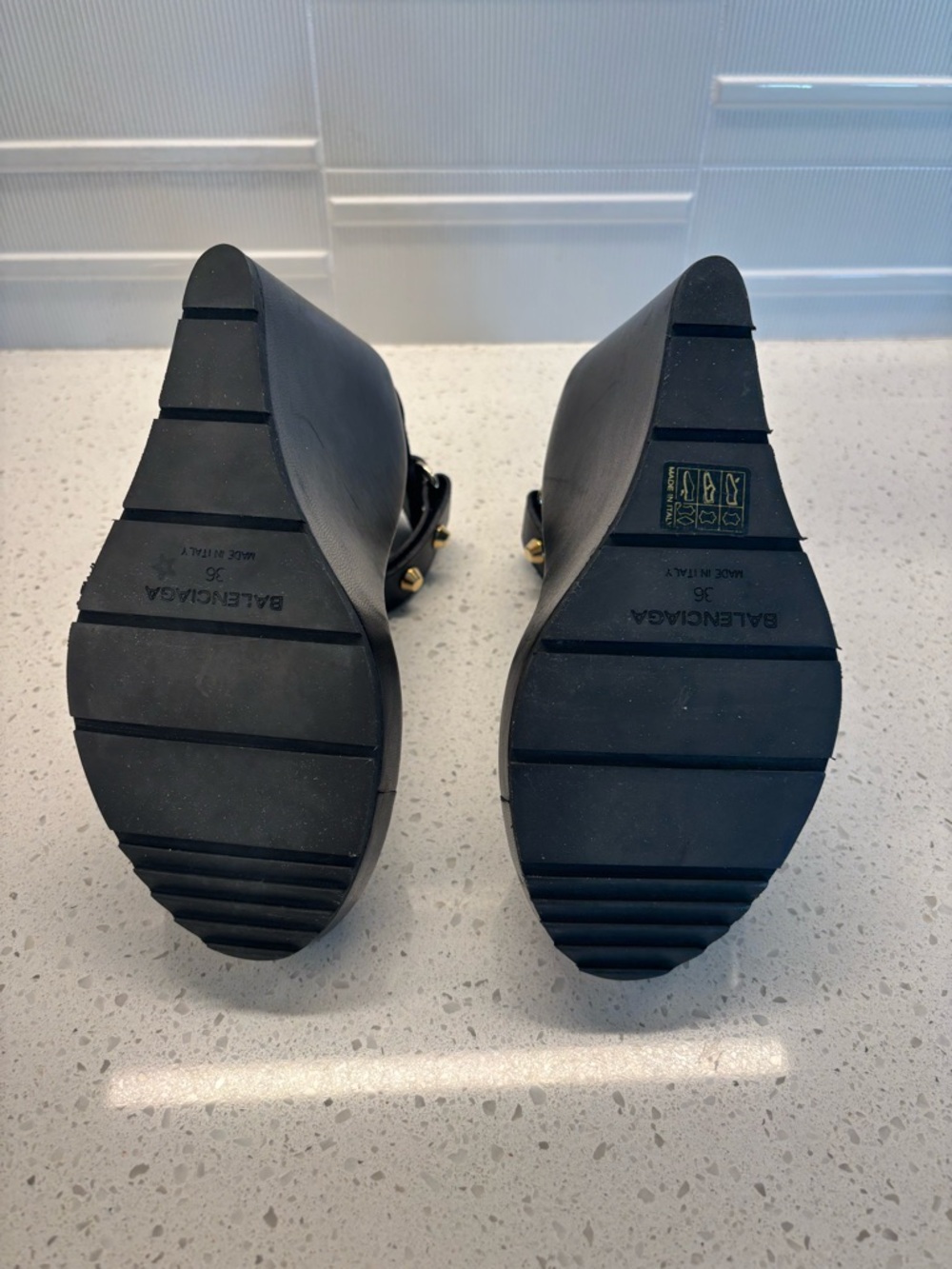 Balenciaga Black Leather Gold-Stud Platform Sandals - Picture 6 of 10